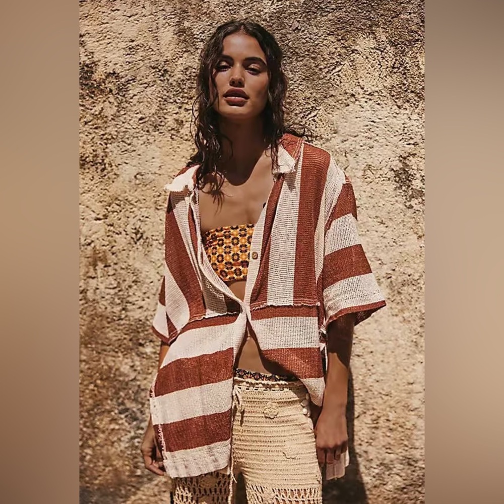 NWOT We The Free Del Mar Cabana Shirt in Brown Combo